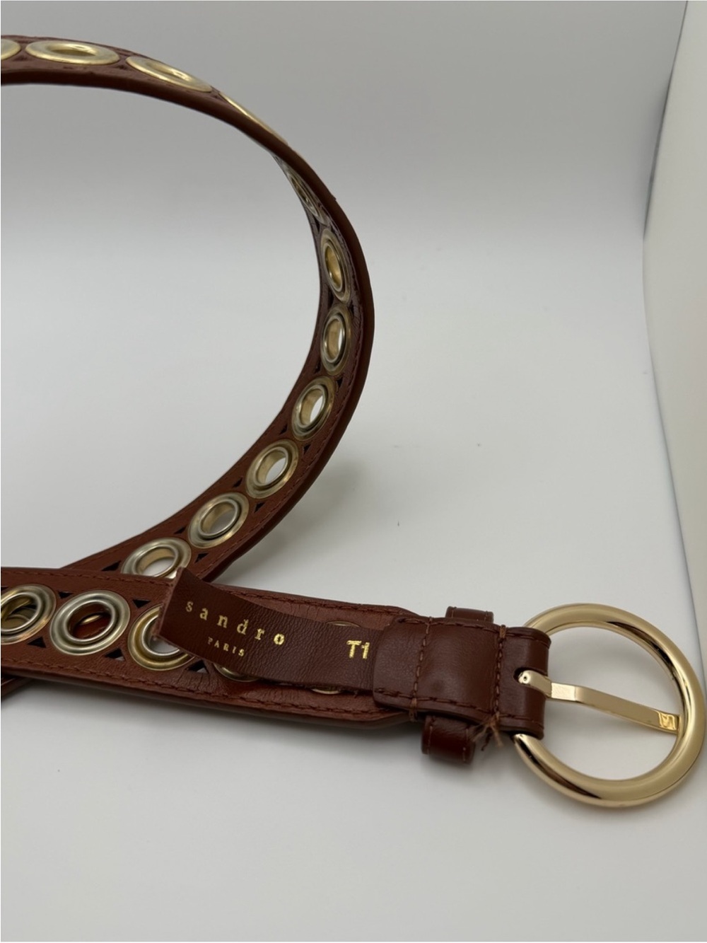 Sandro Brown Leather Grommet Belt with Gold-Tone Round Buckle - Picture 3 of 6